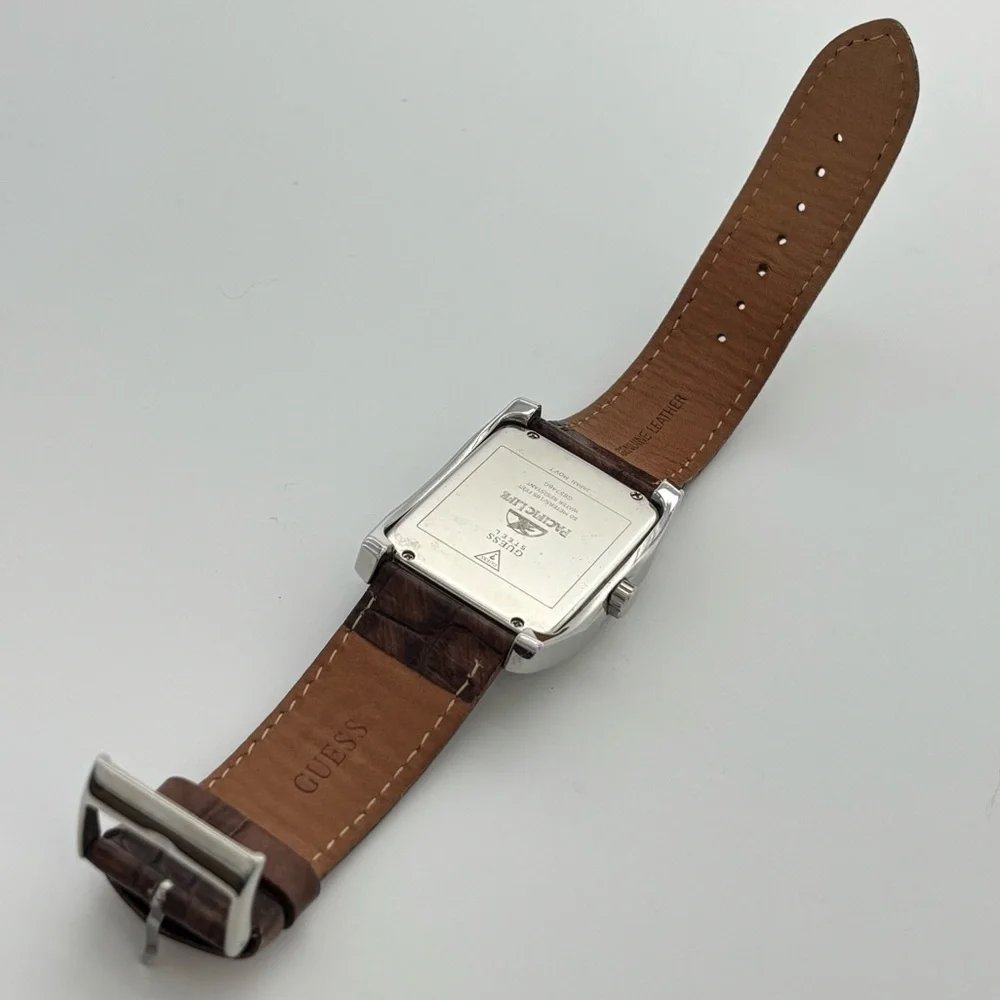 Guess Steel Casing w/Brown Leather Band Analog Watch-New Battery.